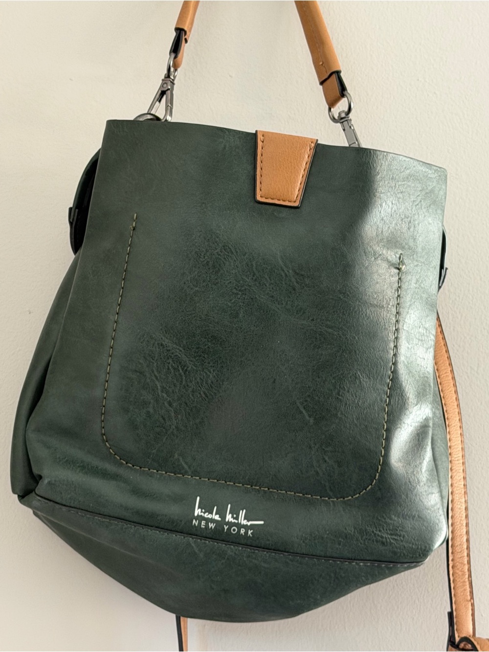 Nicole Miller Dark Green Slouchy Leather Crossbody / Satchel